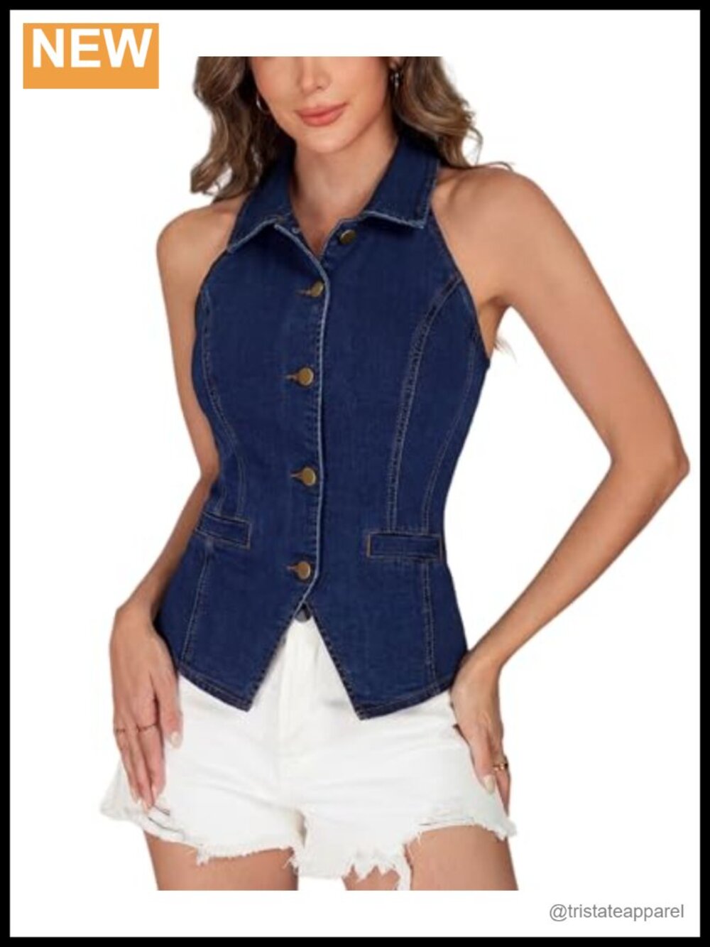 Women's Denim Halter Vest Top Sleeveless Button Front Waistcoat